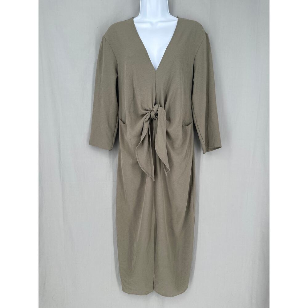 Zara Dress Womens Medium Olive Green Khaki Midi Knot Front Loose Minimalist